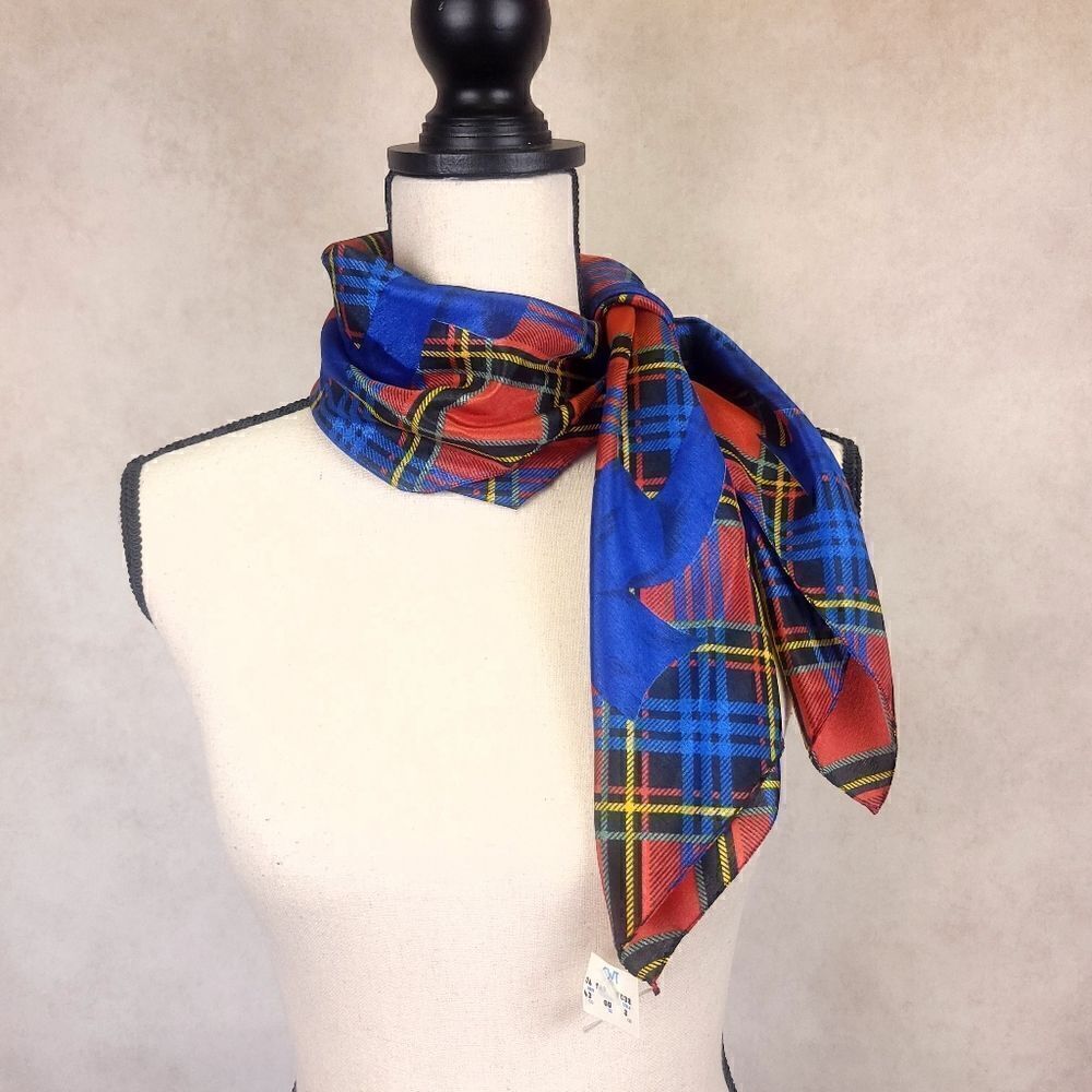 Vintage Red Blue Tartan Print Square Scarf